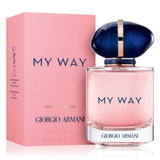 My Way by Armani 90ml Eau de Parfum with branded box, showcasing luxury packaging for a fresh, long-lasting floral perfume.