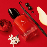 Armani Si Passione EDP 100ml surrounded by rose, jasmine, vanilla, and pear, highlighting its sensual and fruity fragrance notes.