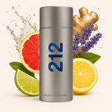 Carolina Herrera 212 Men NYC Eau de Toilette – 100ml bottle surrounded by citrus, ginger, and lavender, highlighting its fresh and spicy scent notes.