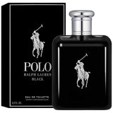 Ralph Lauren Polo Black Eau de Toilette 125ml with retail box, showcasing luxury men’s perfume in bold black packaging for confident, modern style.