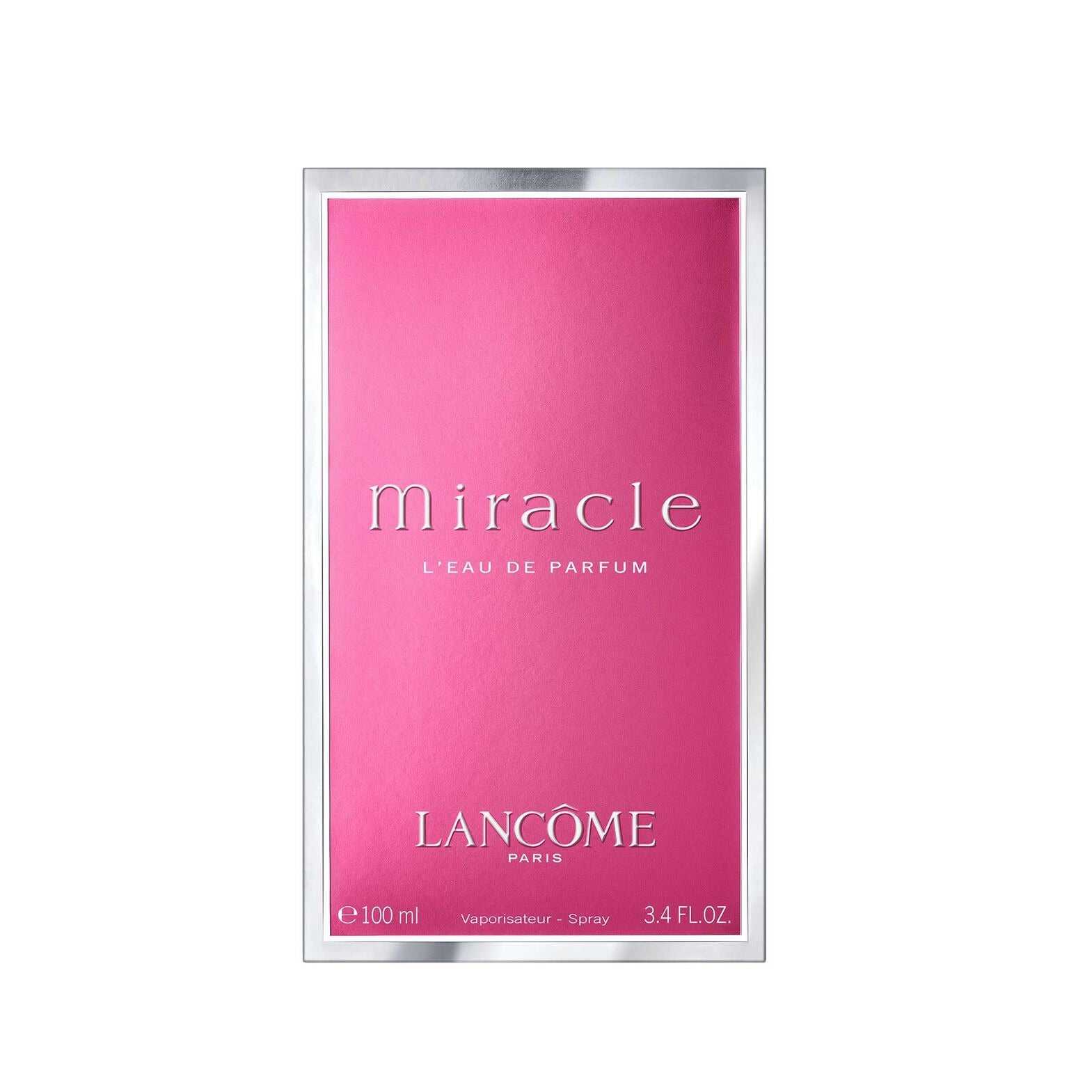 Front view of Lancome Miracle Eau de Parfum 100ml packaging in bold pink with silver accents, showcasing a fresh and feminine fragrance.