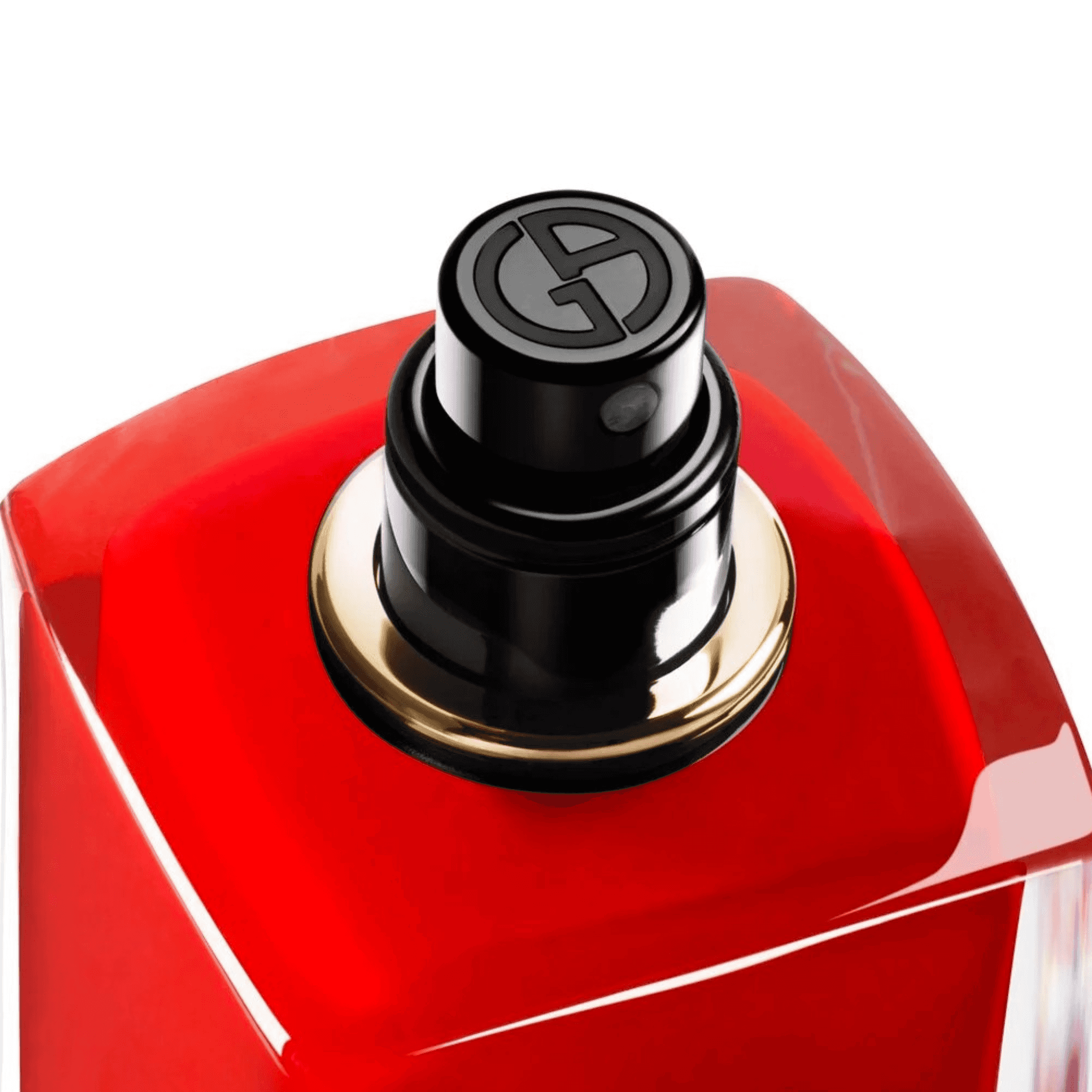 Close-up of Armani Si Passione EDP 100ml spray nozzle with Giorgio Armani logo, showcasing luxury perfume packaging details.