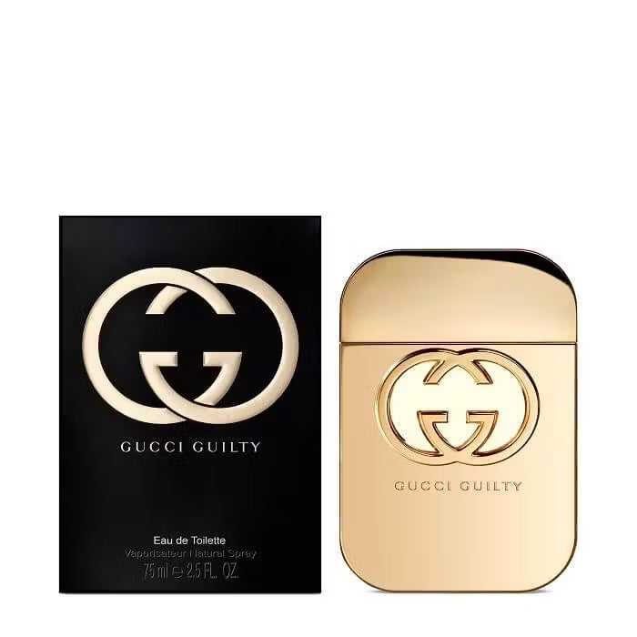 Gucci Guilty Women Eau de Toilette 75ml with black box packaging and gold bottle, showcasing a sensual and iconic designer fragrance.
