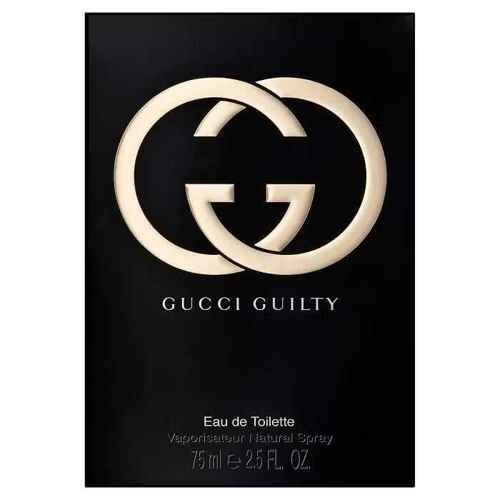 Close-up of Gucci Guilty Women Eau de Toilette 75ml black packaging with gold interlocking G logo, highlighting premium perfume branding.