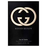 Close-up of Gucci Guilty Women Eau de Toilette 75ml black packaging with gold interlocking G logo, highlighting premium perfume branding.