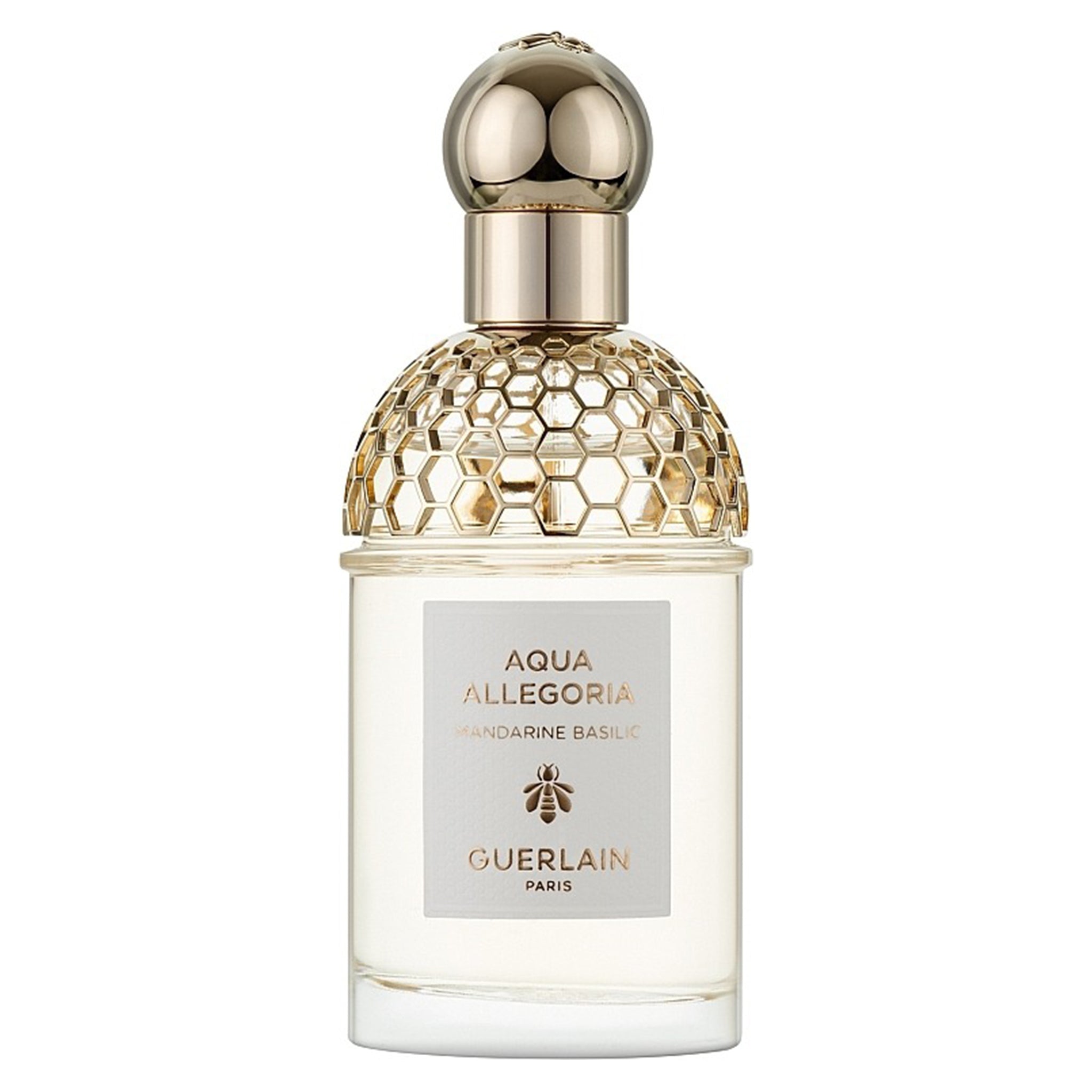 Guerlain Aqua Allegoria Mandarine Basilic Eau de Toilette 75ml bottle with gold honeycomb cap, a vibrant citrus aromatic fragrance for men and women.