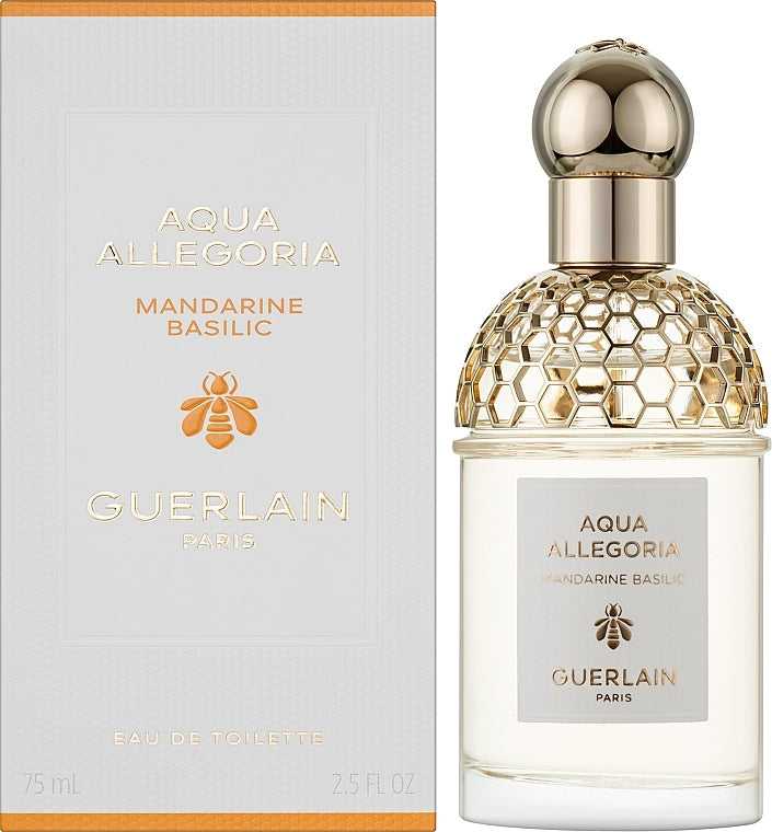 Guerlain Aqua Allegoria Mandarine Basilic Eau de Toilette 75ml with packaging, featuring elegant gold detailing and citrus-inspired design for unisex use.