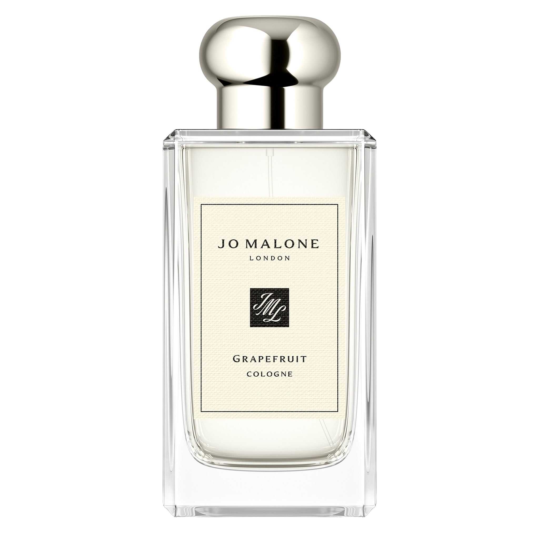Jo Malone Grapefruit Cologne 100ml bottle with sleek transparent glass and silver cap, showcasing a minimalist luxury perfume design.