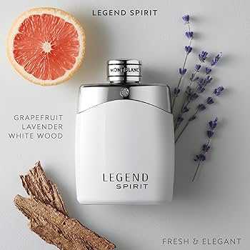 Mont Blanc Legend Spirit Eau de Toilette 100ml displayed with grapefruit, lavender, and white wood, highlighting its fresh and elegant scent profile.