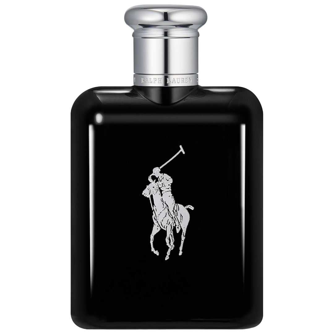 Ralph Lauren Polo Black Eau de Toilette 125ml bottle featuring sleek black design with silver cap and iconic polo player logo for men’s fragrance.
