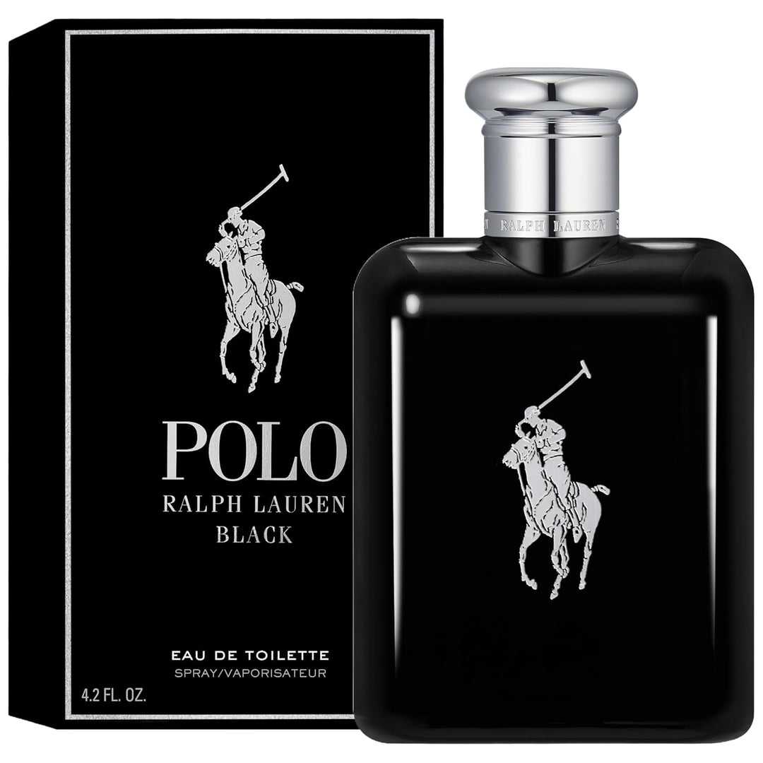 Ralph Lauren Polo Black Eau de Toilette 125ml with retail box, showcasing luxury men’s perfume in bold black packaging for confident, modern style.