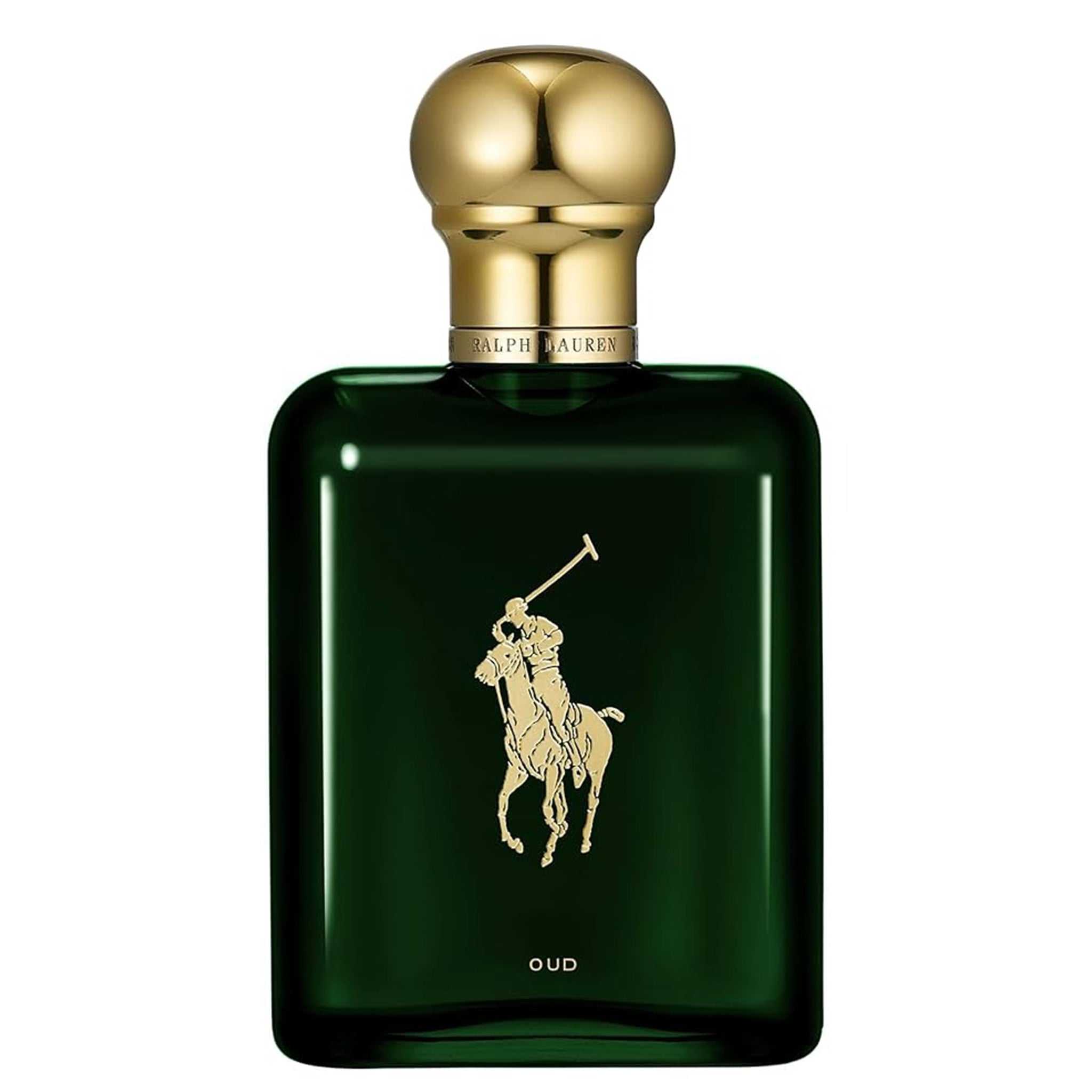 Ralph Lauren Polo Oud Eau de Parfum 125ml bottle with gold cap and iconic polo player logo, a luxury men's fragrance in woody-amber scent.