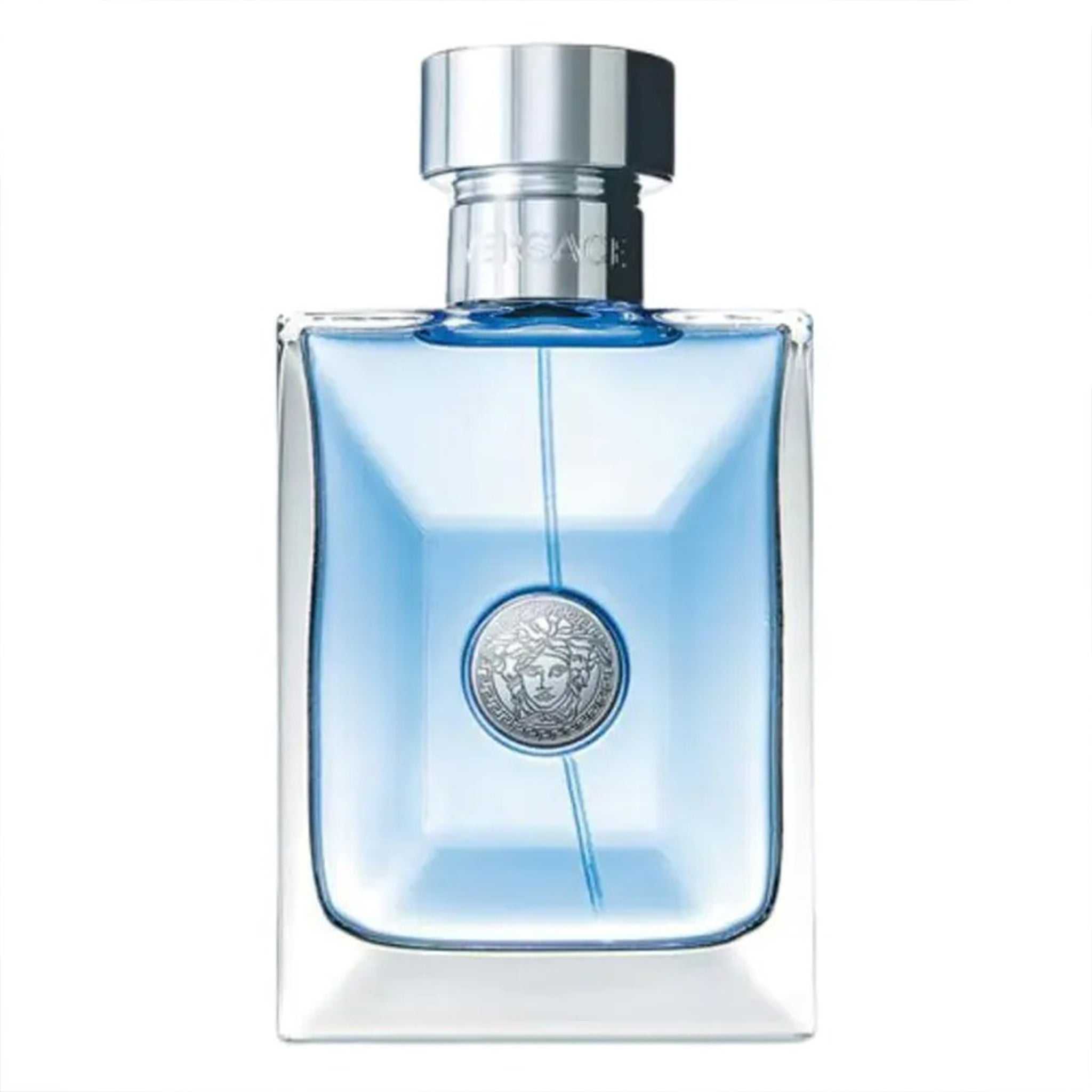 Versace Pour Homme Eau de Toilette 100ml bottle with sleek silver cap and light blue fragrance, showcasing Mediterranean elegance for men.