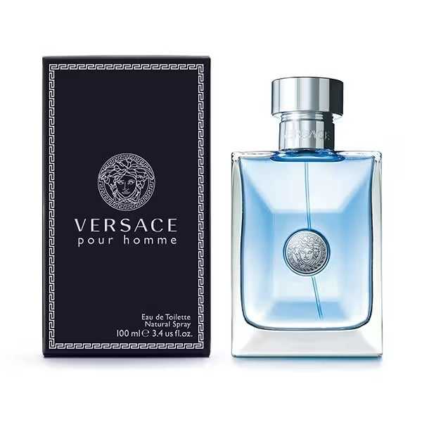 Versace Pour Homme Eau de Toilette 100ml with branded box, featuring luxury packaging and signature Medusa emblem for sophisticated men's fragrance.