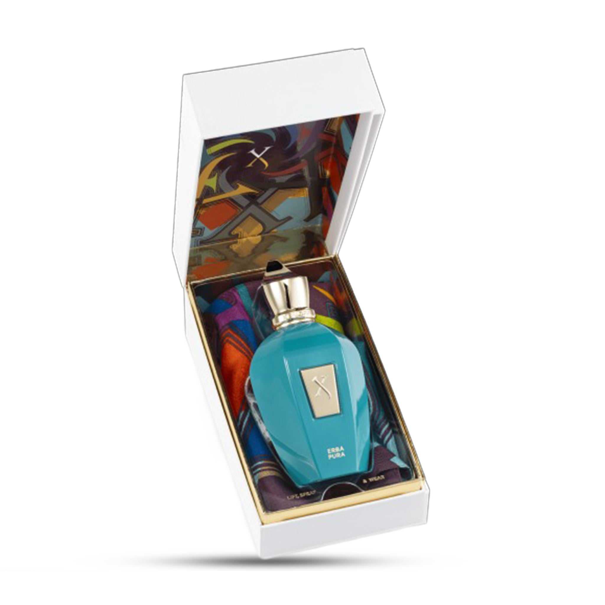 Xerjoff Erba Pura Eau de Parfum 100ml in open gift box with exclusive designer scarf, perfect for luxury fragrance gifting.